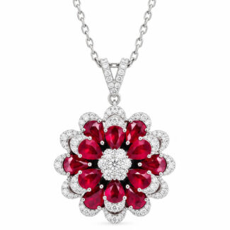 Flower bud design pear cut lab grown ruby pendant necklace