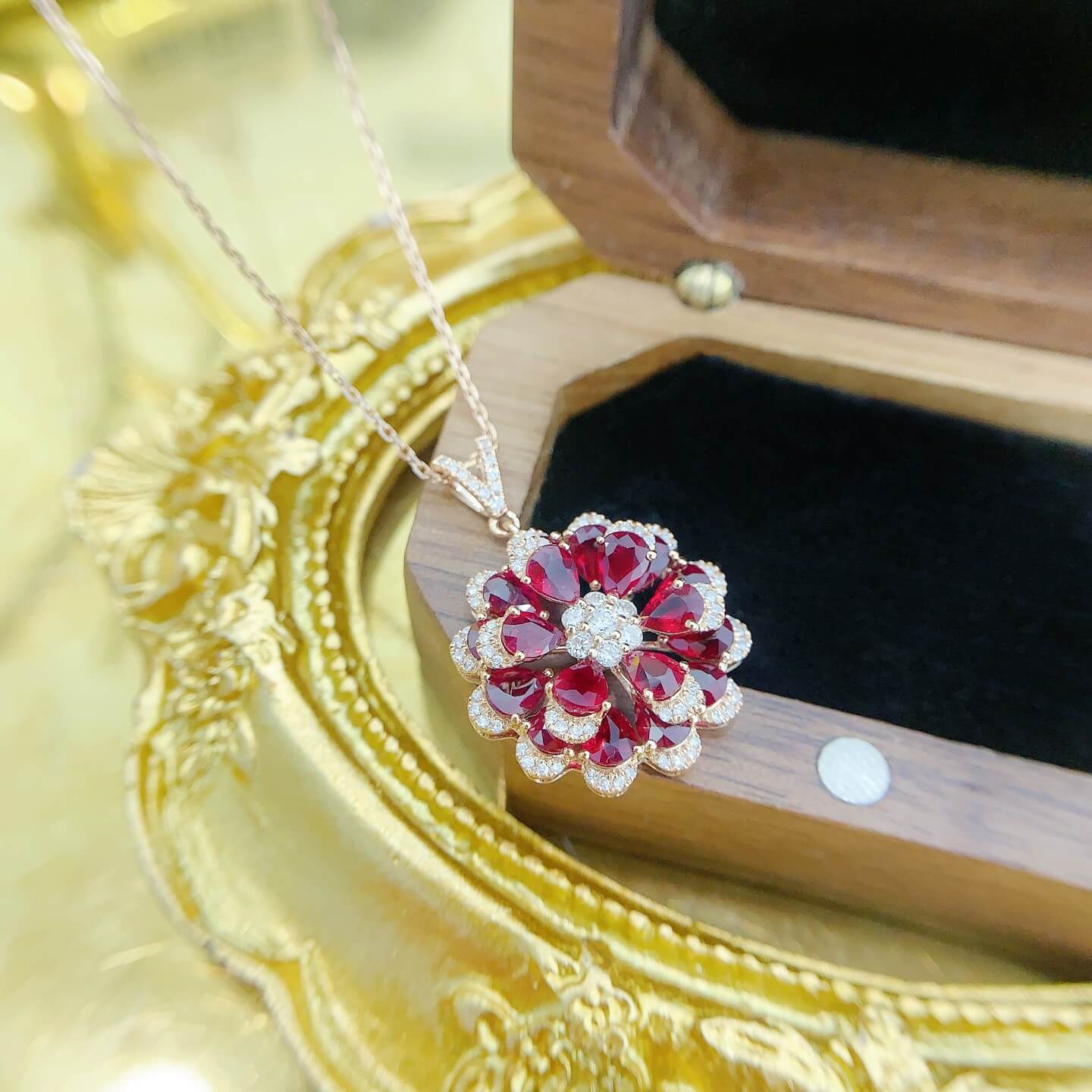 Flower bud design pear cut lab grown ruby pendant necklace Flower bud design pear cut lab grown ruby pendant necklace