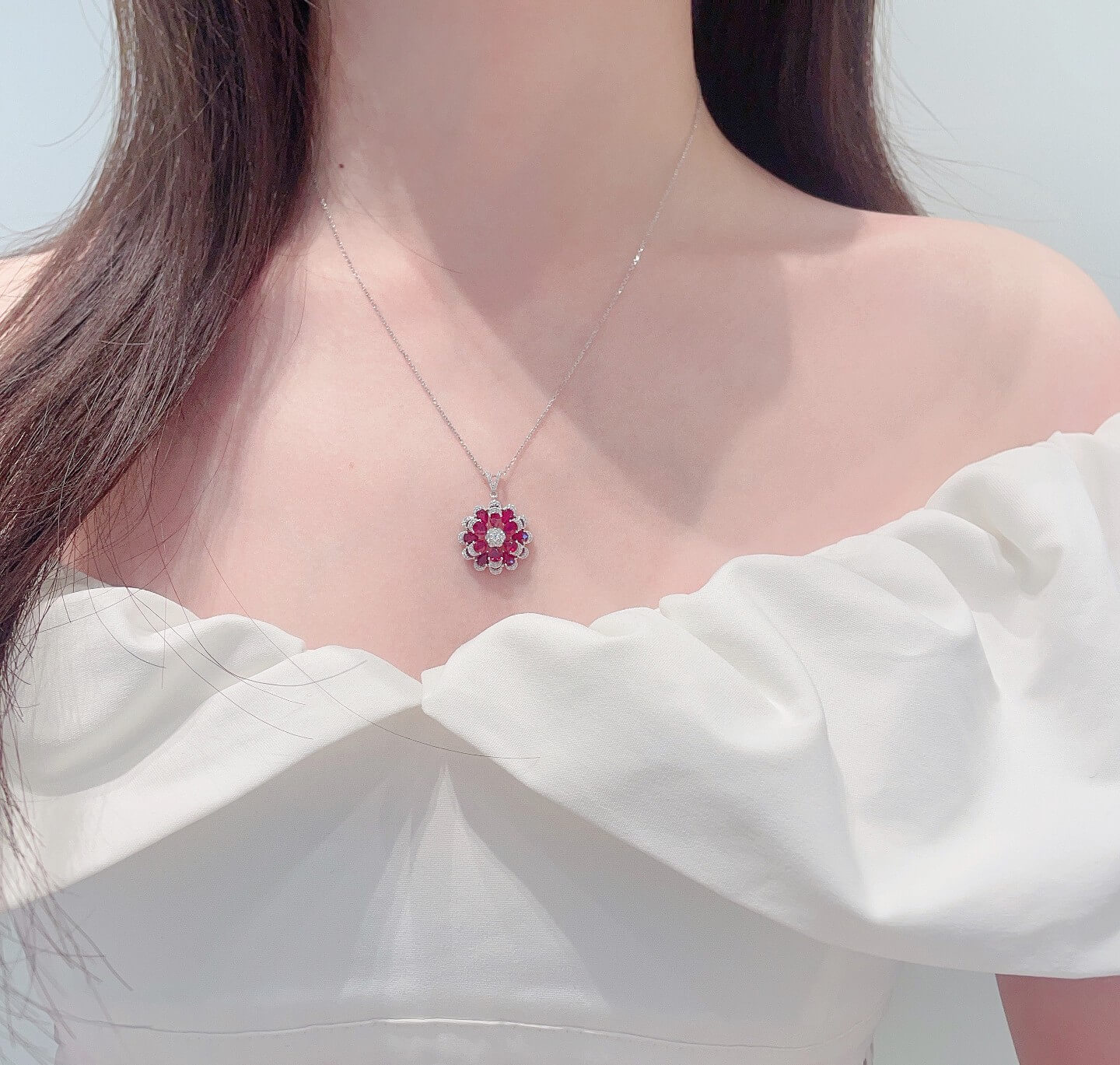 Flower bud design pear cut lab grown ruby pendant necklace Flower bud design pear cut lab grown ruby pendant necklace