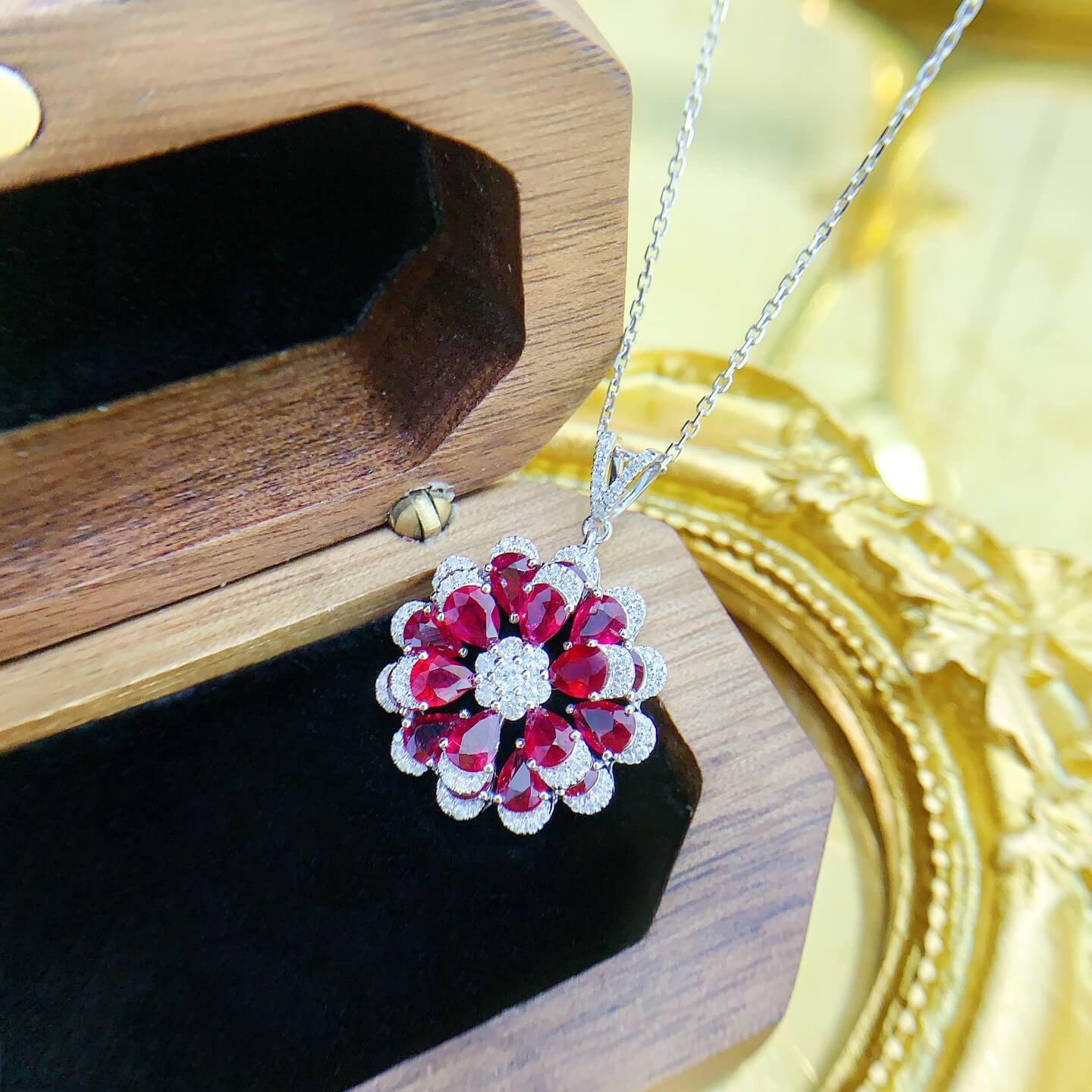 Flower bud design pear cut lab grown ruby pendant necklace Flower bud design pear cut lab grown ruby pendant necklace