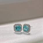 Halo setting asscher cut lab grown Paraiba earrings stud 3 Halo setting asscher cut lab grown Paraiba earrings stud