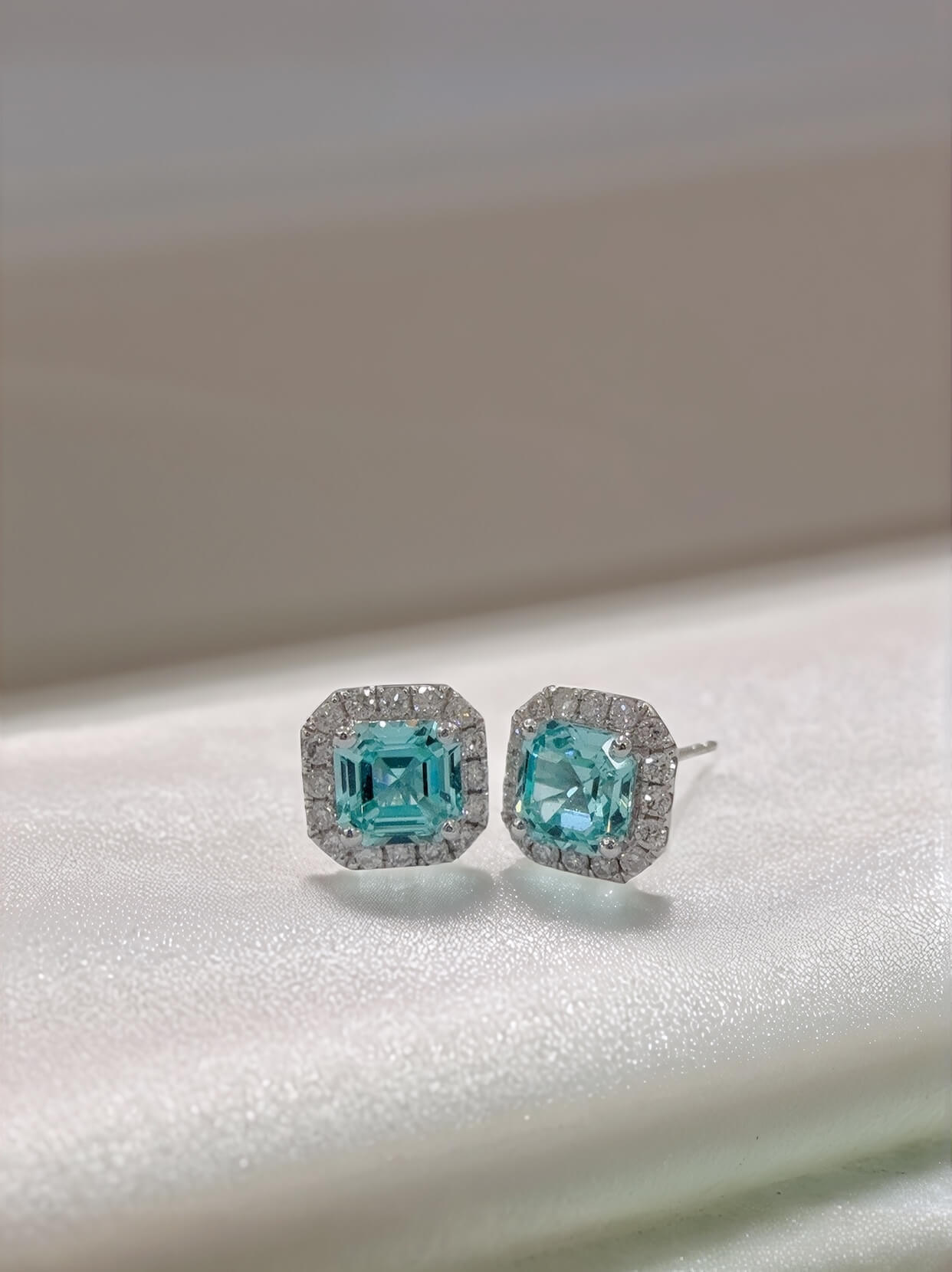 Halo setting asscher cut lab grown Paraiba earrings stud Halo setting asscher cut lab grown Paraiba earrings stud