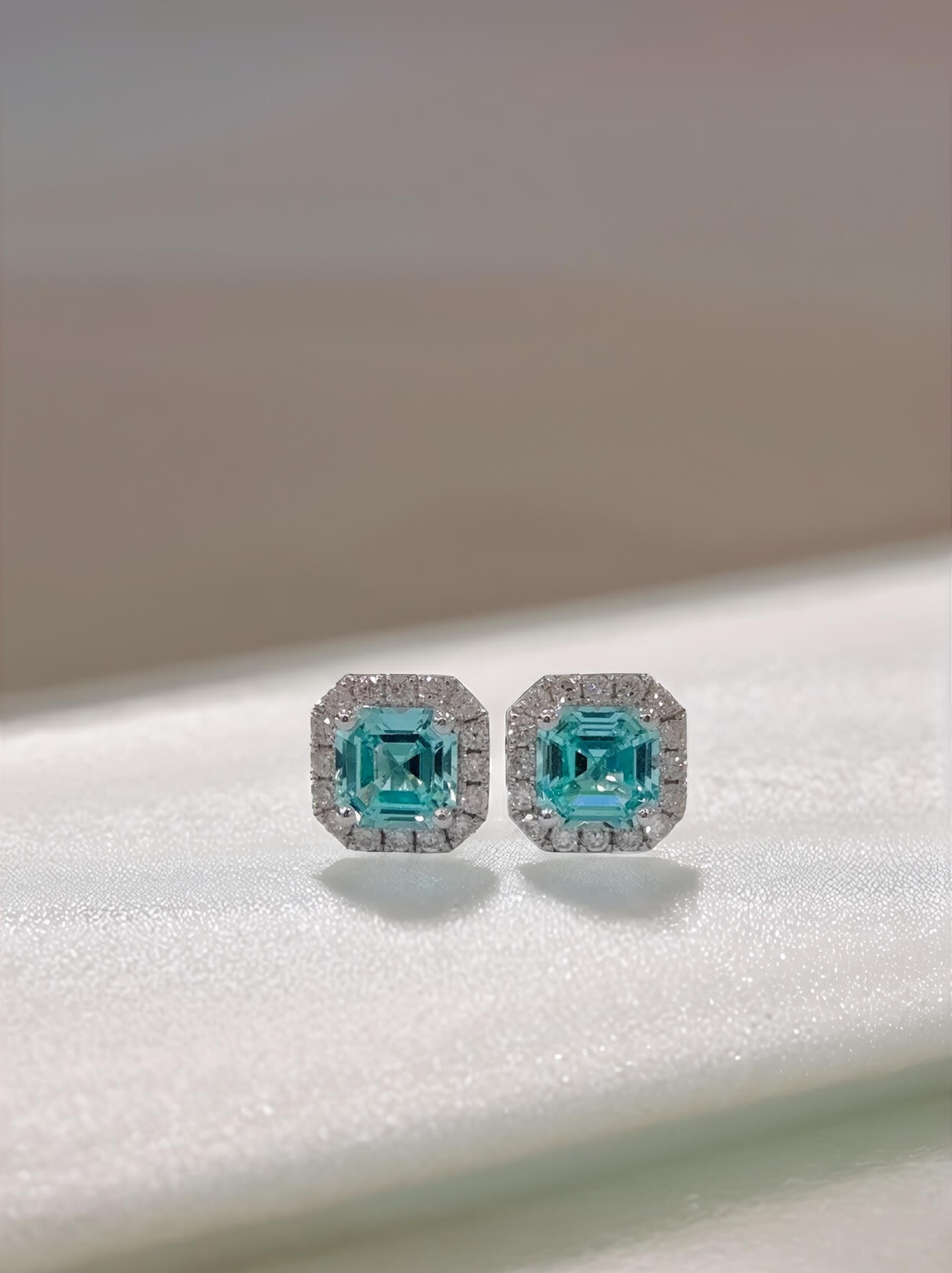 Halo setting asscher cut lab grown Paraiba earrings stud Halo setting asscher cut lab grown Paraiba earrings stud