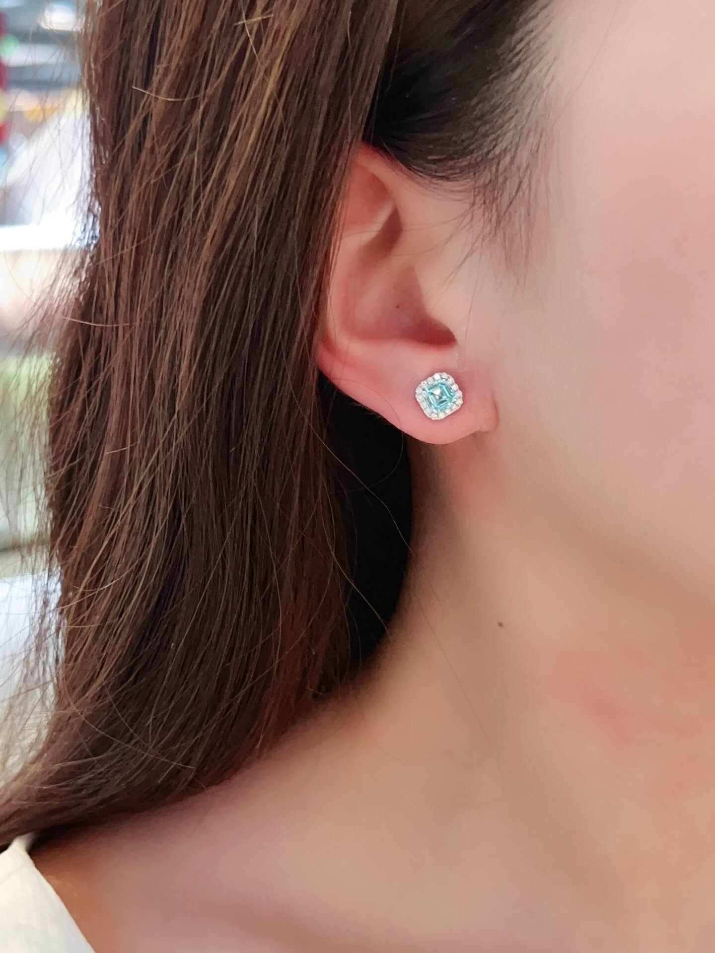 Halo setting asscher cut lab grown Paraiba earrings stud Halo setting asscher cut lab grown Paraiba earrings stud