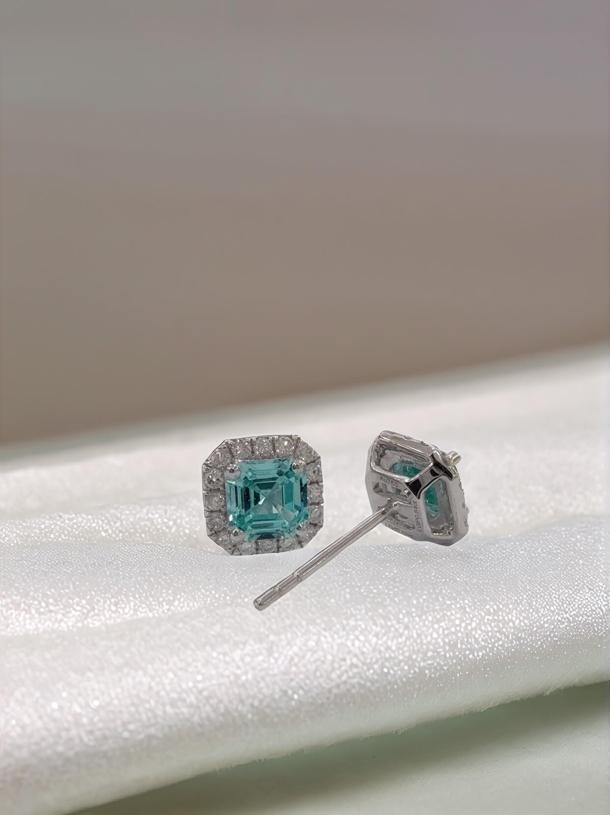 Halo setting asscher cut lab grown Paraiba earrings stud Halo setting asscher cut lab grown Paraiba earrings stud