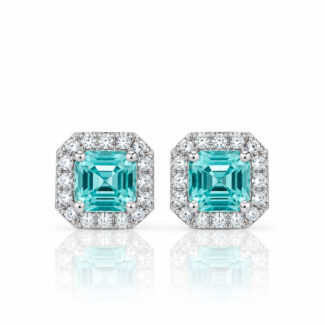 Halo setting asscher cut lab grown Paraiba earrings stud
