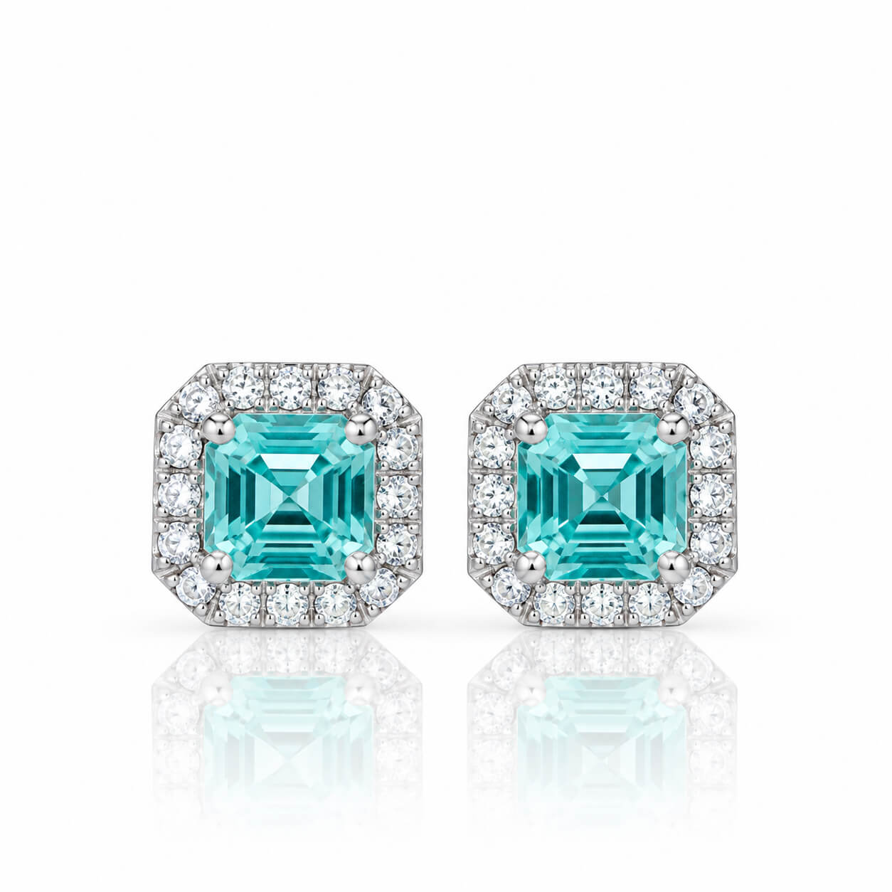 Halo setting asscher cut lab grown Paraiba earrings stud Halo setting asscher cut lab grown Paraiba earrings stud