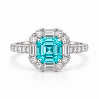 Halo setting asscher cut lab grown Paraiba engagement ring