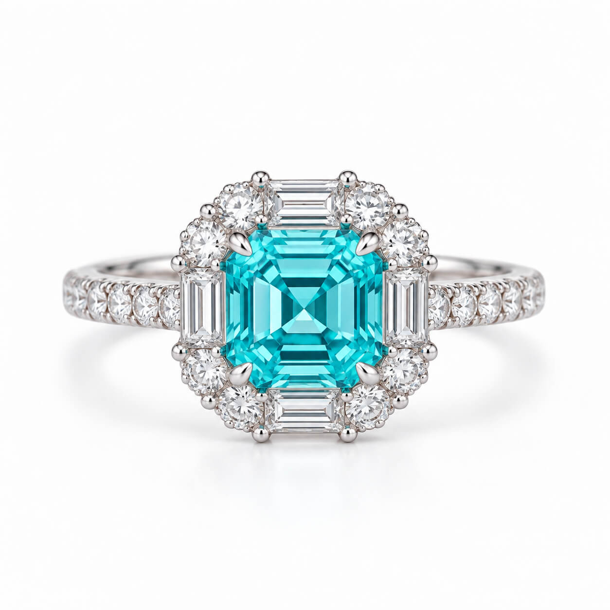 Halo setting asscher cut lab grown Paraiba engagement ring Halo setting asscher cut lab grown Paraiba engagement ring