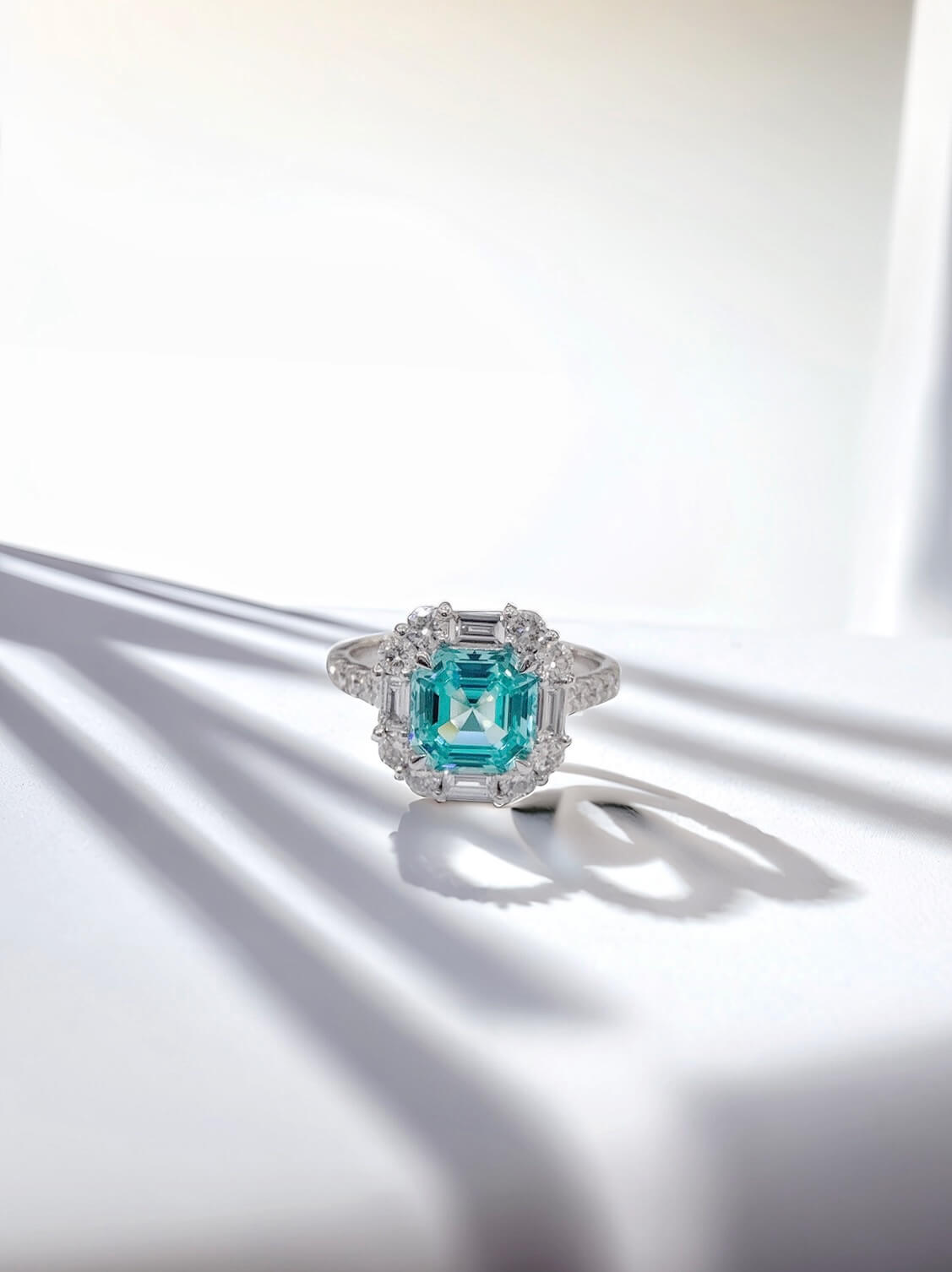 Halo setting asscher cut lab grown Paraiba engagement ring Halo setting asscher cut lab grown Paraiba engagement ring
