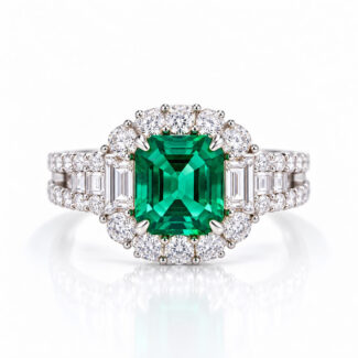 Halo setting asscher cut lab grown emerald engagement ring 02