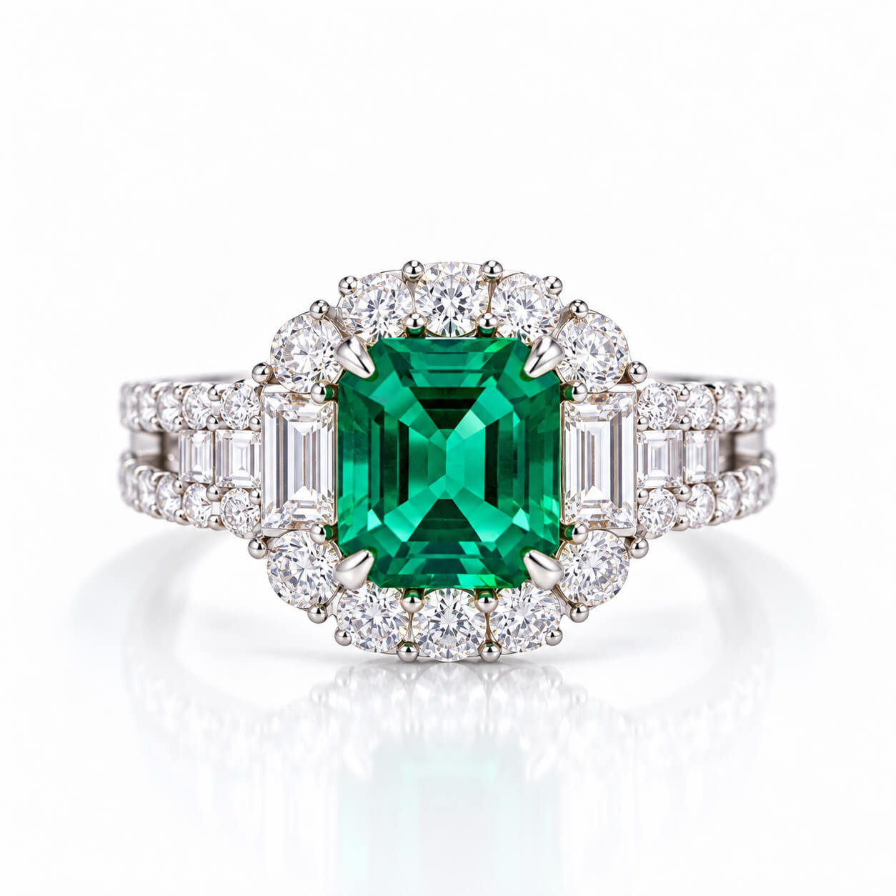 Halo setting asscher cut lab grown emerald engagement ring 02