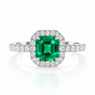 Halo setting asscher cut lab grown emerald engagement ring