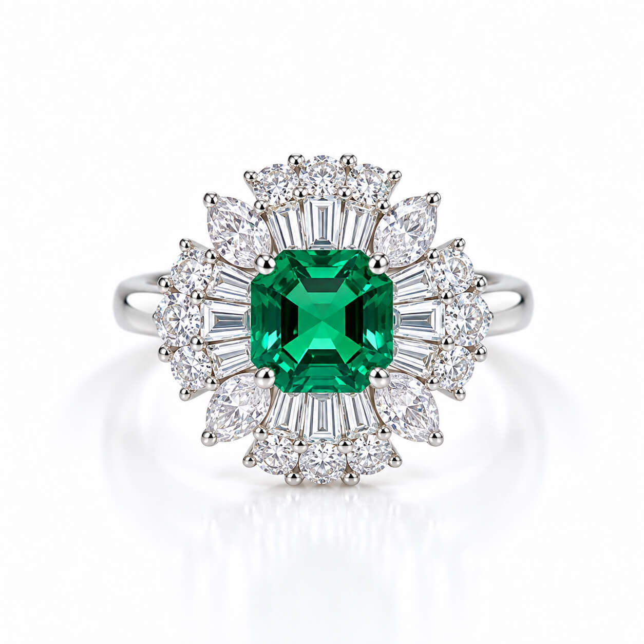 Halo setting asscher cut lab grown emerald engagement ring 01 Halo setting asscher cut lab grown emerald engagement ring 01