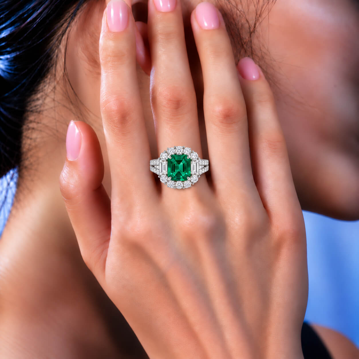 Halo setting asscher cut lab grown emerald engagement ring 02