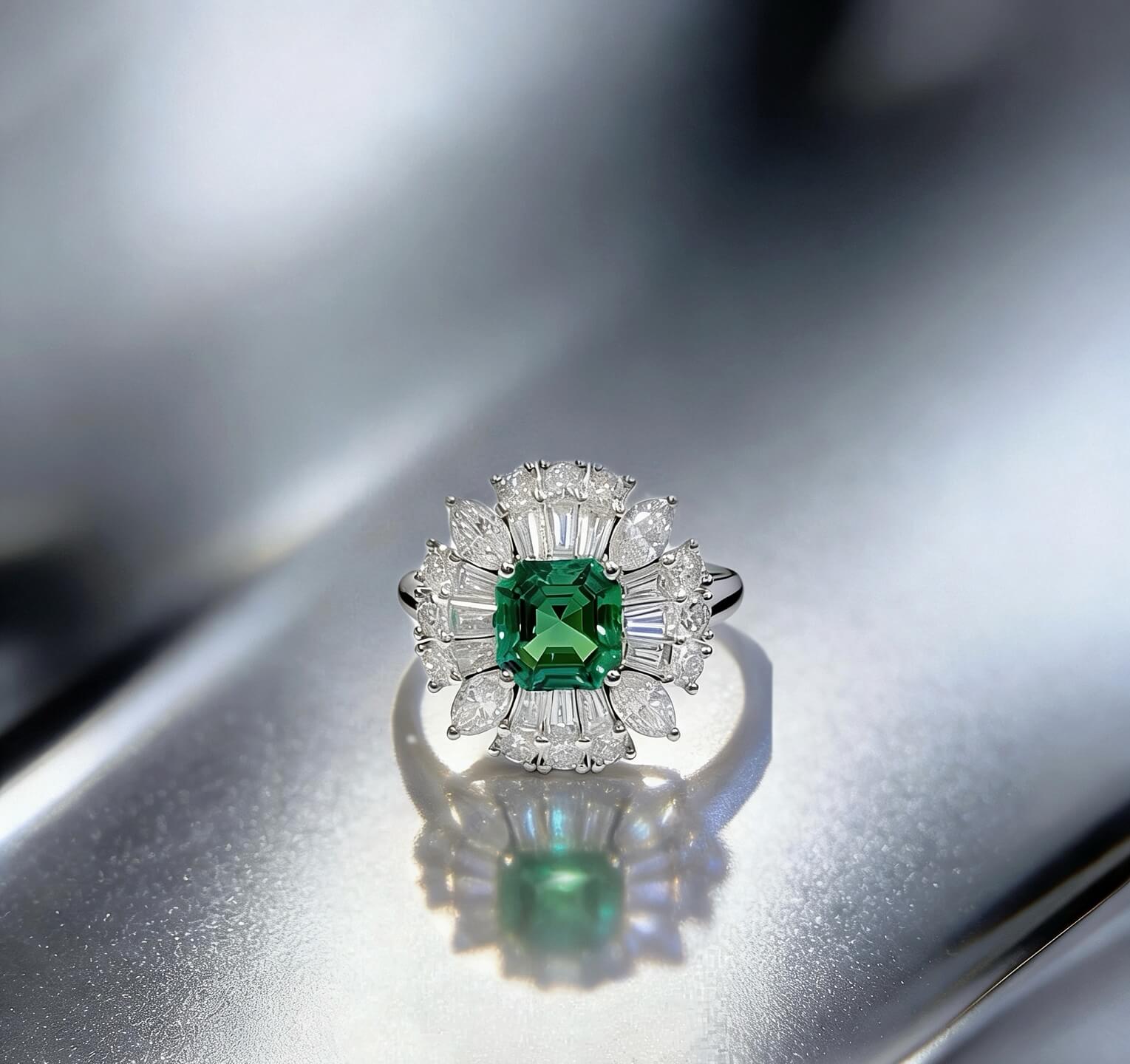 Halo setting asscher cut lab grown emerald engagement ring 01 Halo setting asscher cut lab grown emerald engagement ring 01