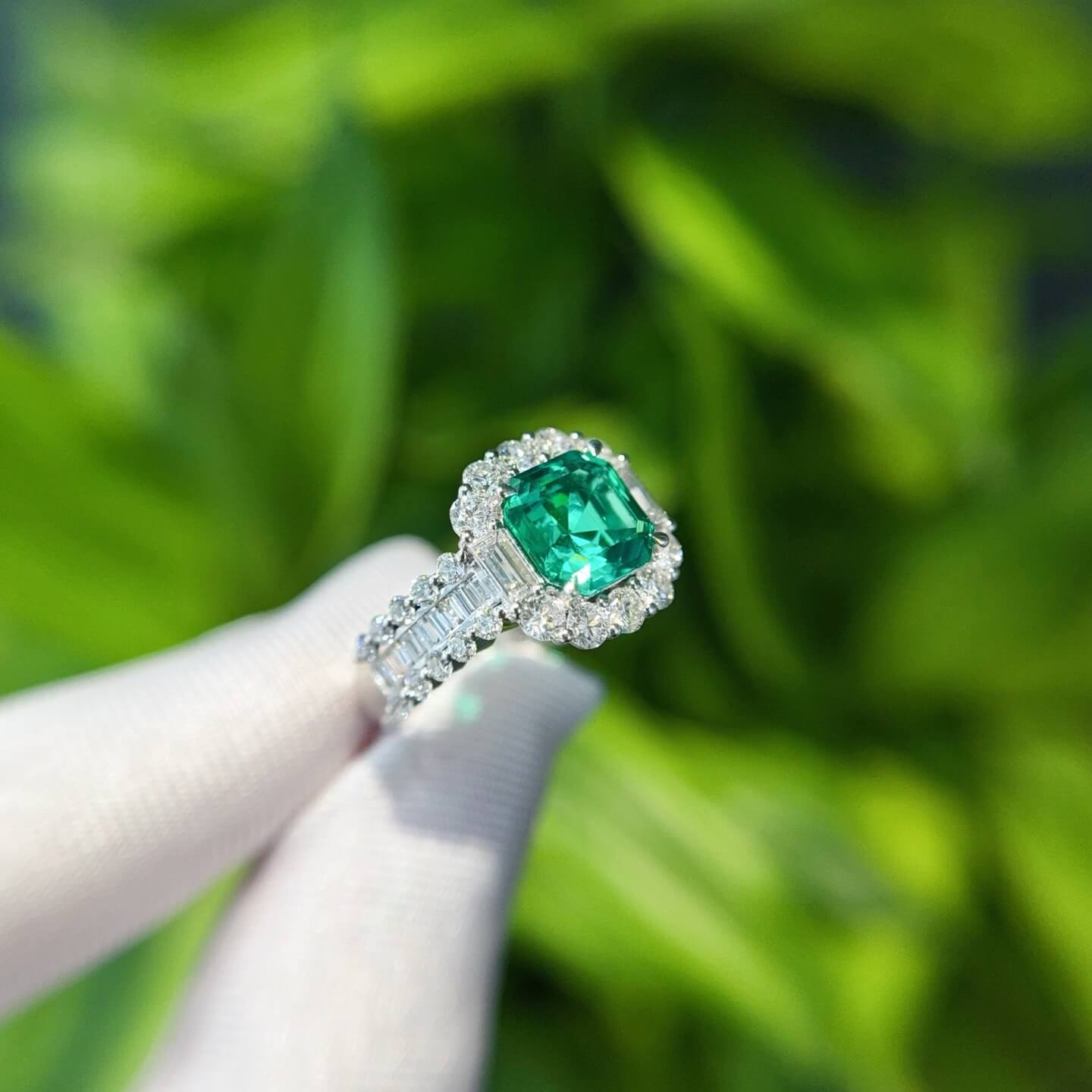 Halo setting asscher cut lab grown emerald engagement ring 02