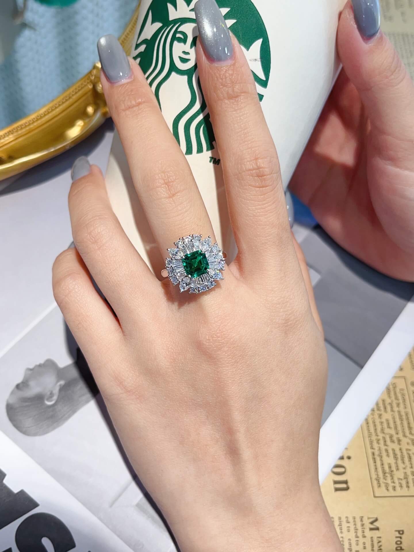 Halo setting asscher cut lab grown emerald engagement ring (3) Halo setting asscher cut lab grown emerald engagement ring 3