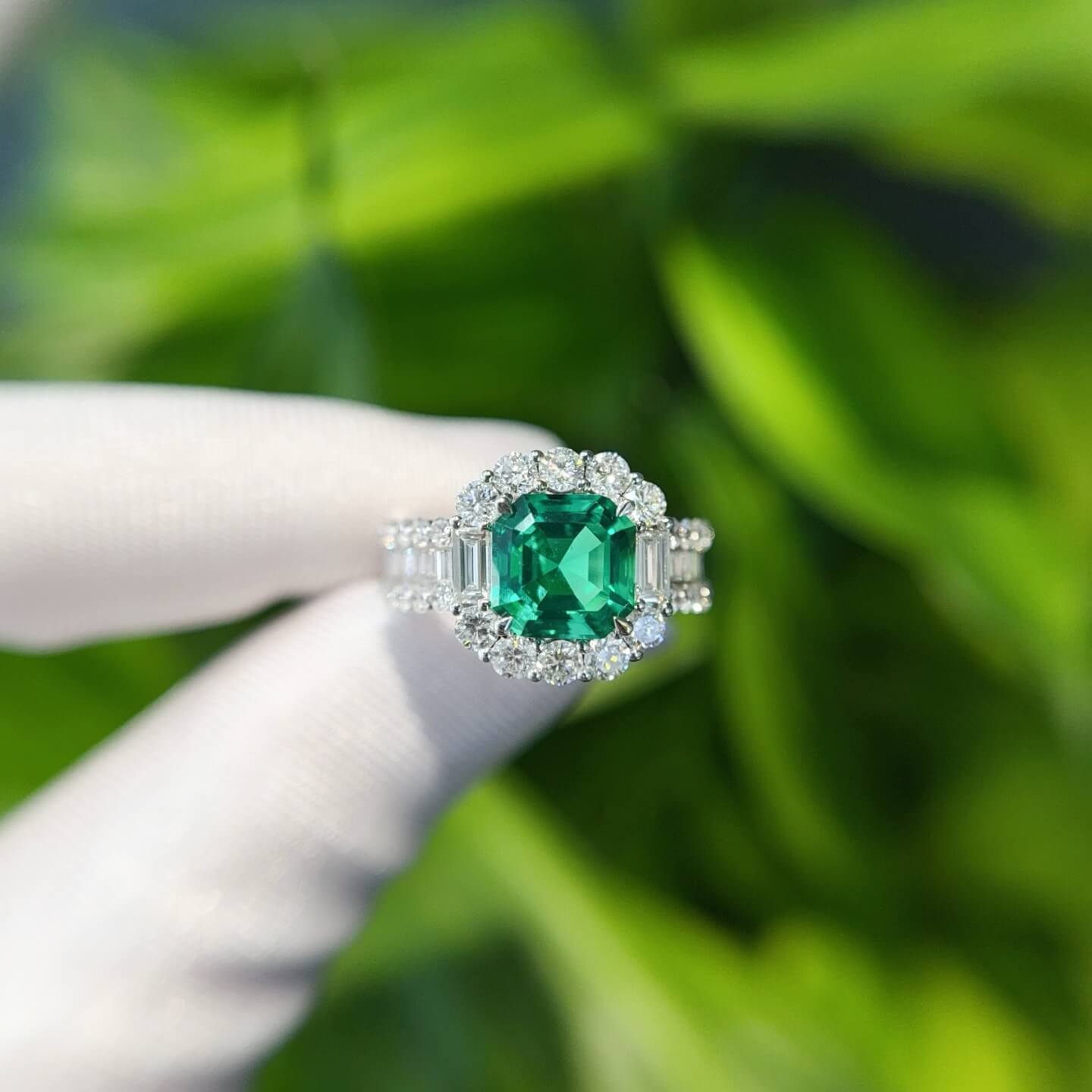 Halo setting asscher cut lab grown emerald engagement ring 02