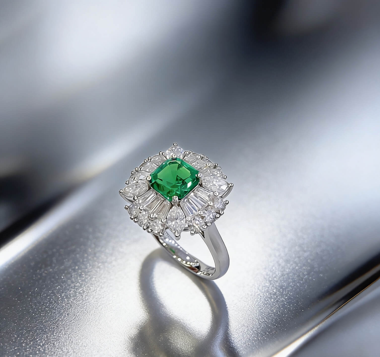 Halo setting asscher cut lab grown emerald engagement ring (4) Halo setting asscher cut lab grown emerald engagement ring 4
