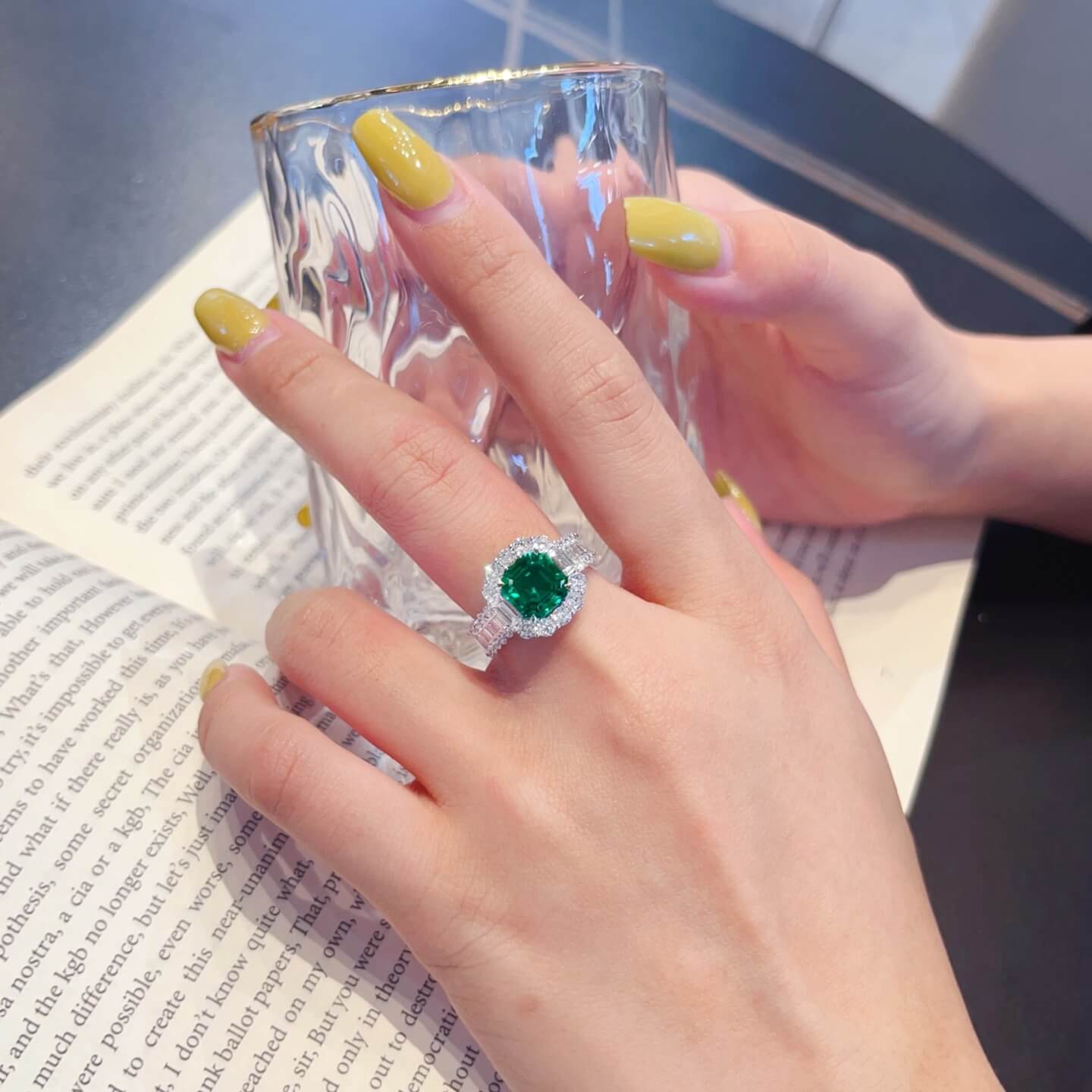 Halo setting asscher cut lab grown emerald engagement ring 02