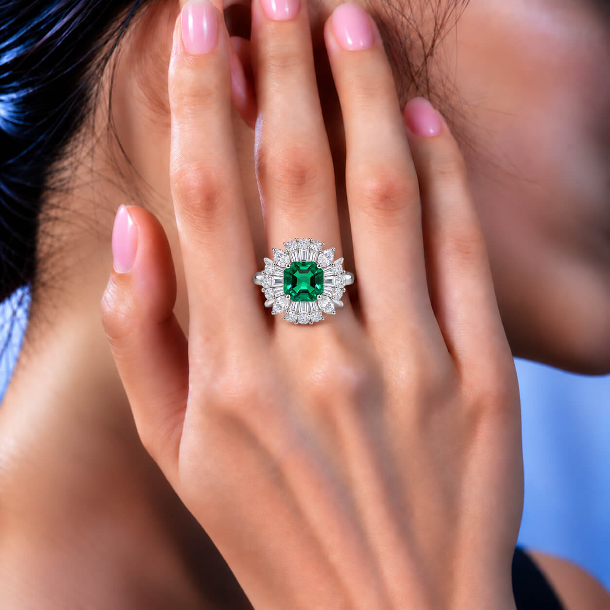 Halo setting asscher cut lab grown emerald engagement ring (6) Halo setting asscher cut lab grown emerald engagement ring 6