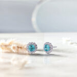 Halo setting cushion cut lab grown Paraiba earrings stud