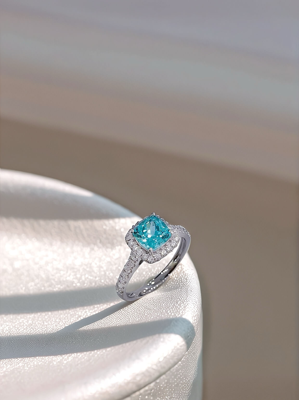 Halo setting cushion cut lab grown Paraiba engagement ring Halo setting cushion cut lab grown Paraiba engagement ring