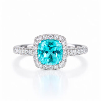 Halo setting cushion cut lab grown Paraiba engagement ring