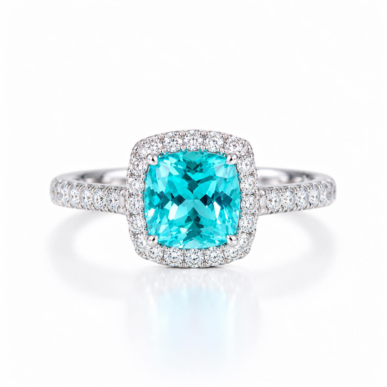 Halo setting cushion cut lab grown Paraiba engagement ring Halo setting cushion cut lab grown Paraiba engagement ring