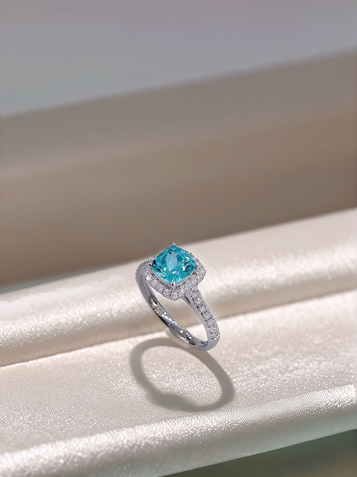 Halo setting cushion cut lab grown Paraiba engagement ring Halo setting cushion cut lab grown Paraiba engagement ring