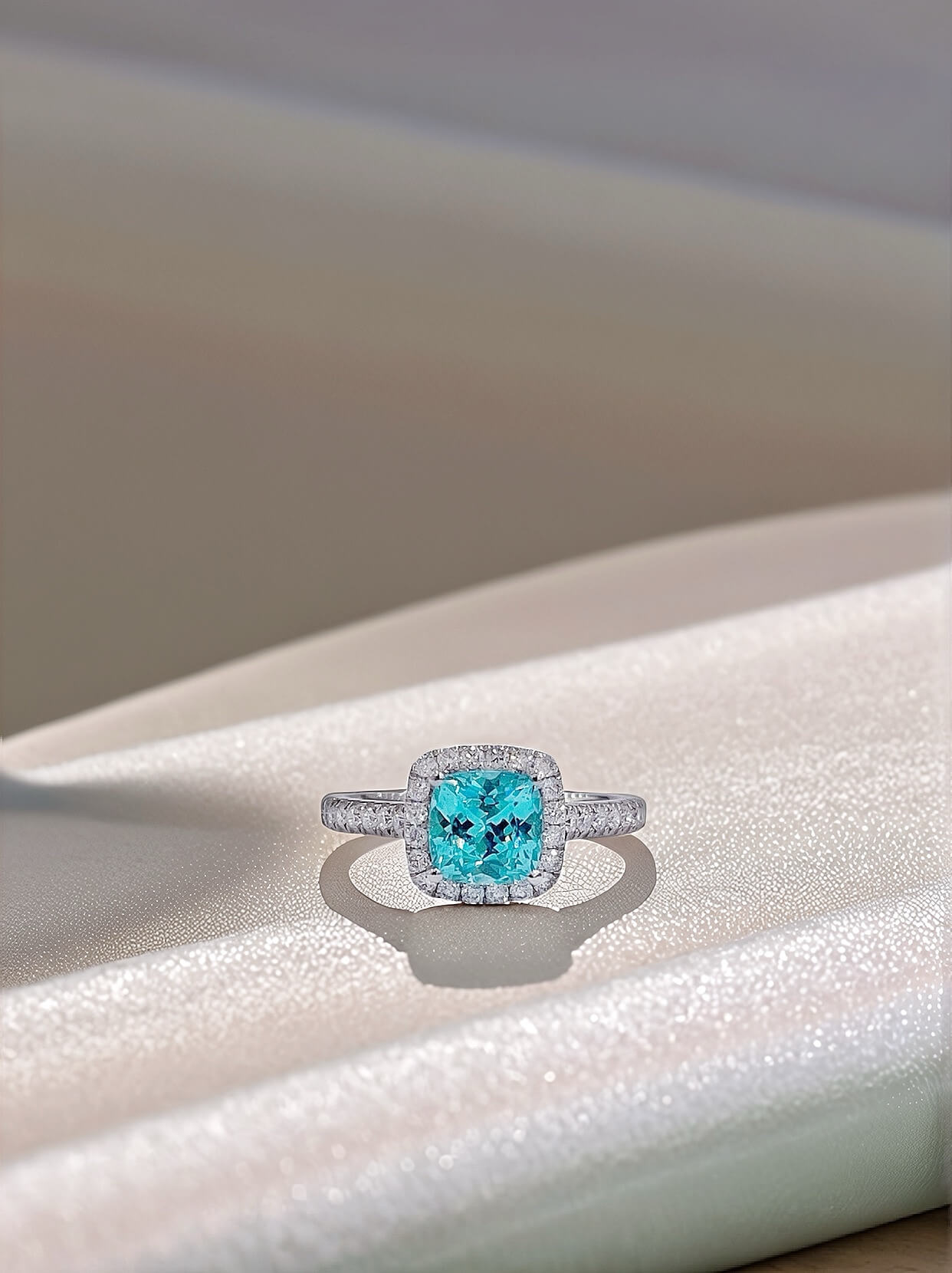 Halo setting cushion cut lab grown Paraiba engagement ring Halo setting cushion cut lab grown Paraiba engagement ring