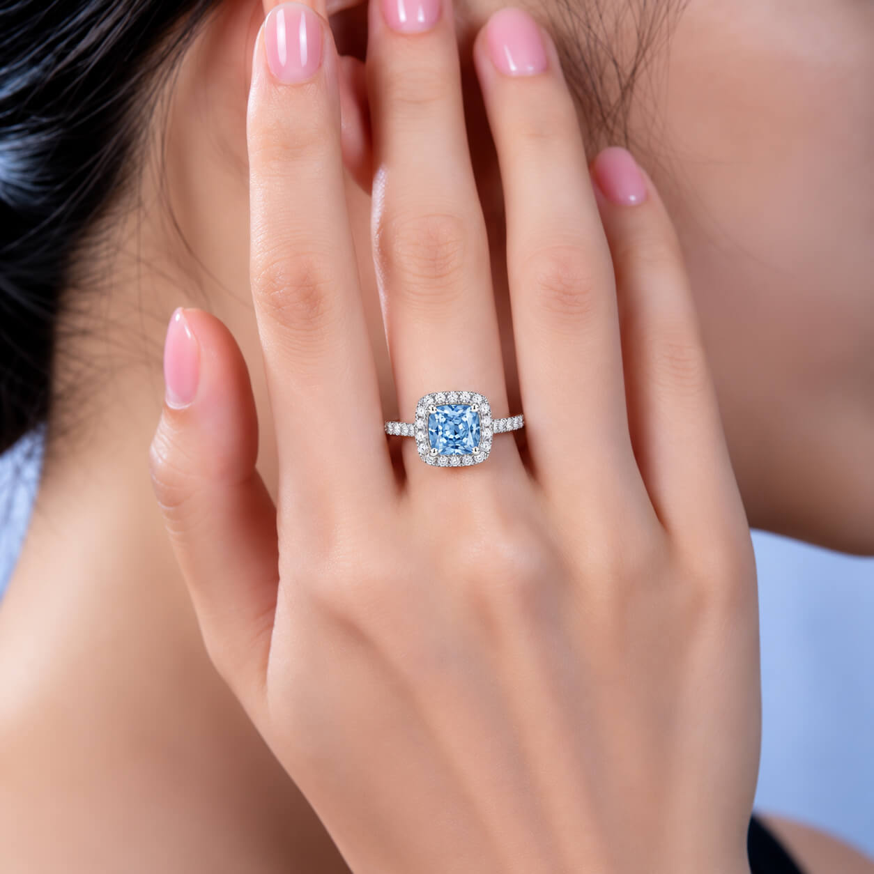Halo setting cushion cut lab grown blue diamond engagement ring Halo setting cushion cut lab grown blue diamond engagement ring