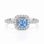 Halo setting cushion cut lab grown blue diamond engagement ring 1 Halo setting cushion cut lab grown blue diamond engagement ring