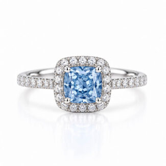 Halo setting cushion cut lab grown blue diamond engagement ring