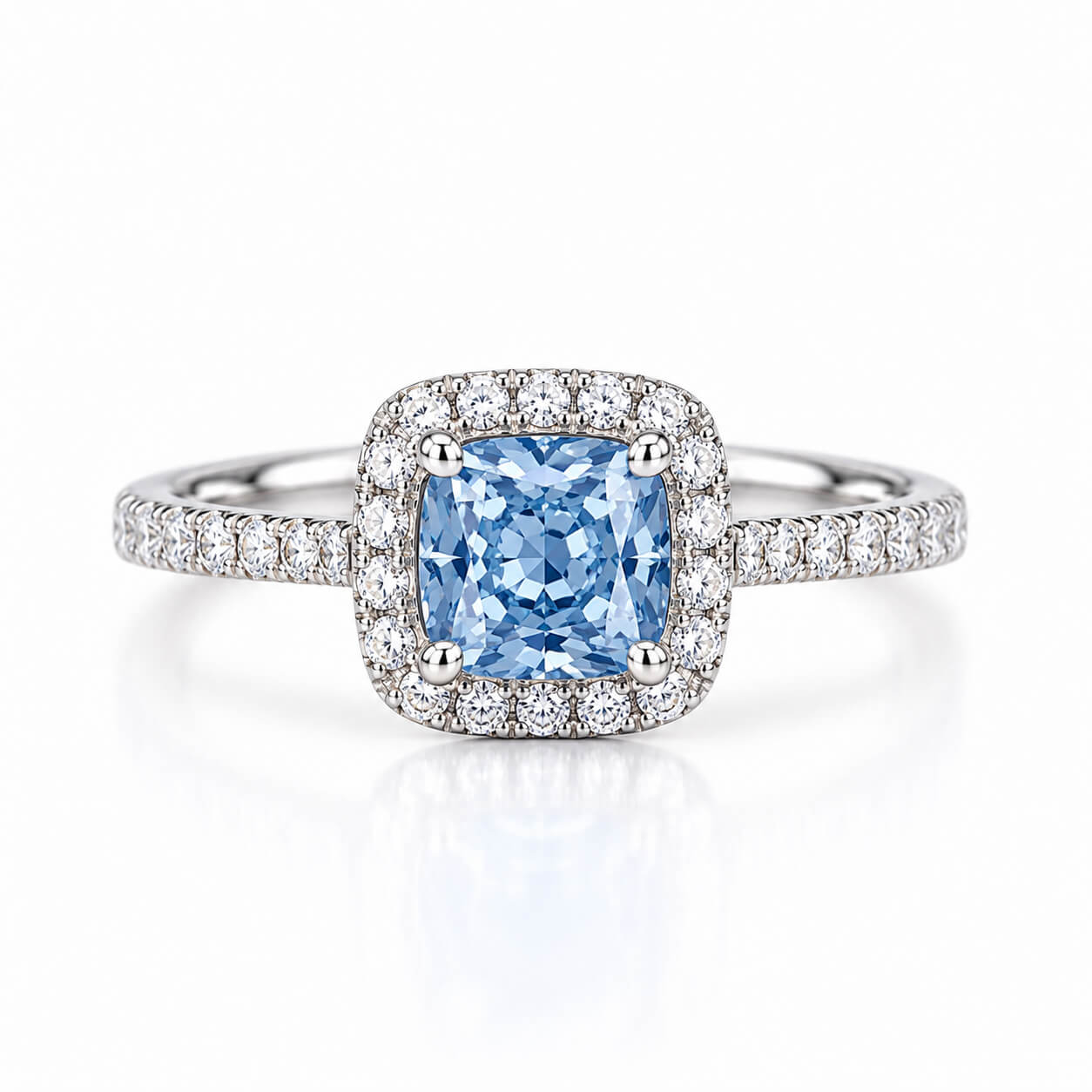 Halo setting cushion cut lab grown blue diamond engagement ring Halo setting cushion cut lab grown blue diamond engagement ring