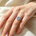 Halo setting cushion cut lab grown blue diamond engagement ring 6 Halo setting cushion cut lab grown blue diamond engagement ring