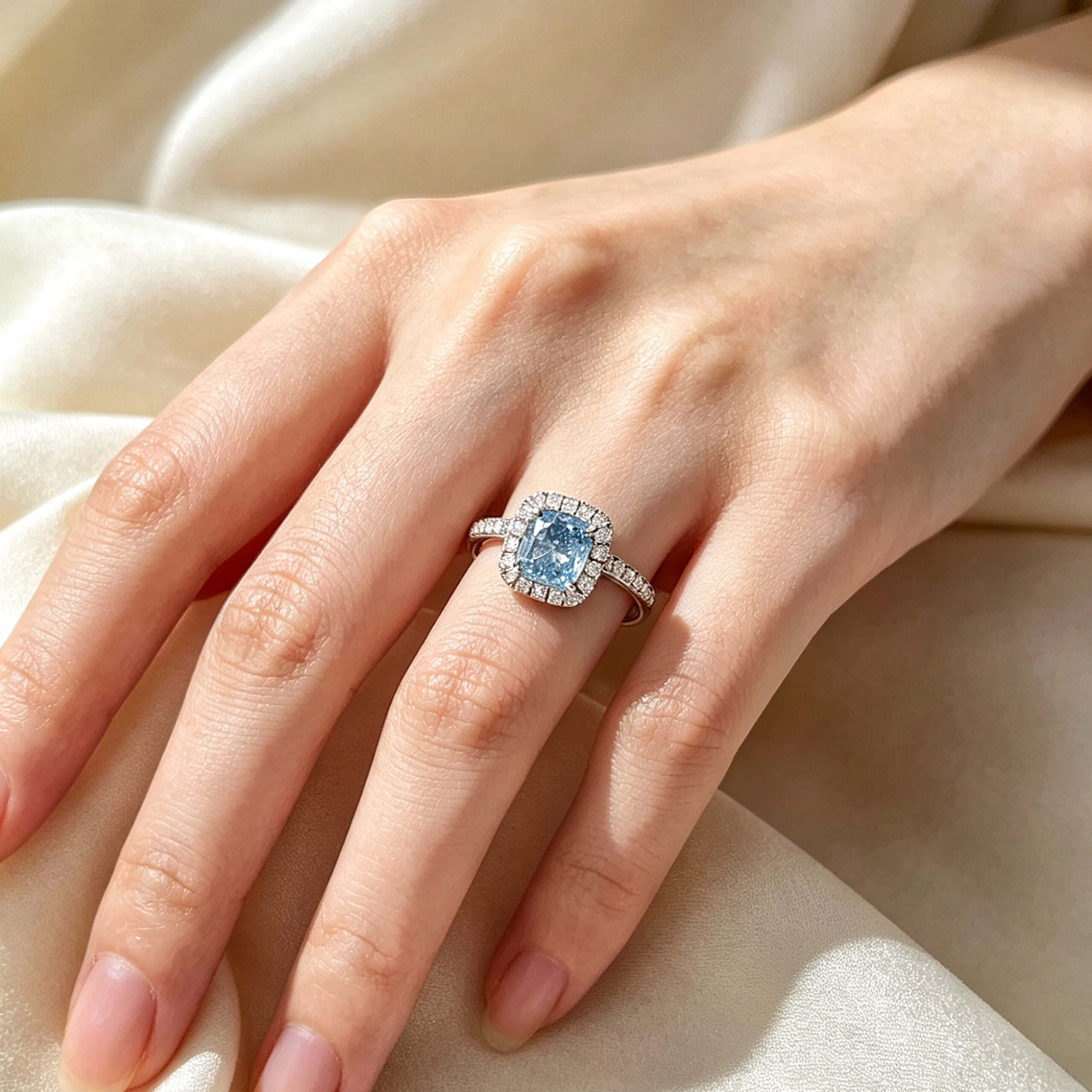 Halo setting cushion cut lab grown blue diamond engagement ring Halo setting cushion cut lab grown blue diamond engagement ring