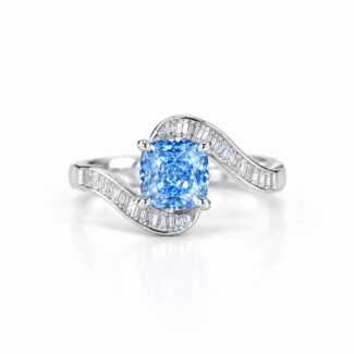 Halo setting cushion cut lab grown blue diamond engagement ring