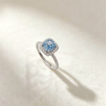 Halo setting cushion cut lab grown blue diamond engagement ring 3 Halo setting cushion cut lab grown blue diamond engagement ring