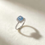 Halo setting cushion cut lab grown blue diamond engagement ring 4 Halo setting cushion cut lab grown blue diamond engagement ring