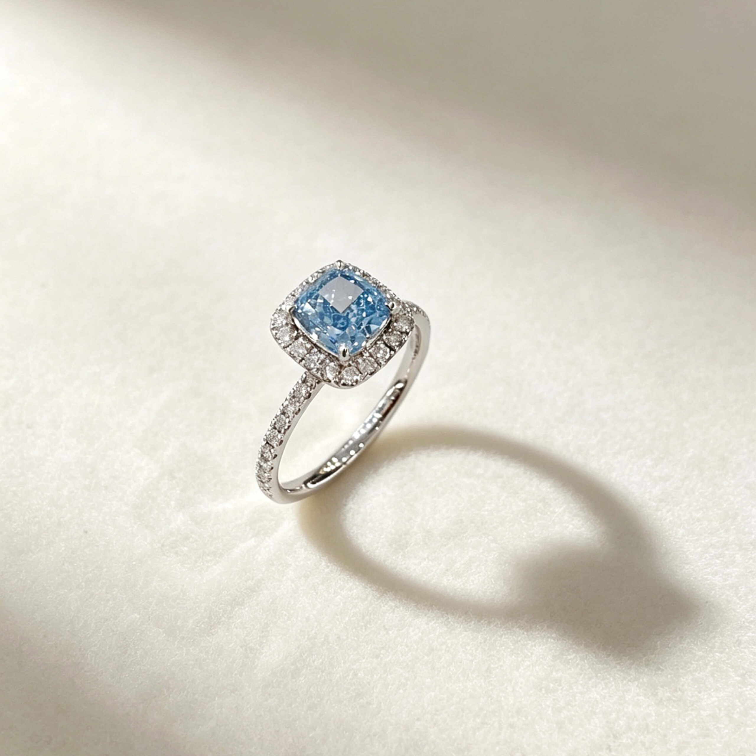 Halo setting cushion cut lab grown blue diamond engagement ring Halo setting cushion cut lab grown blue diamond engagement ring