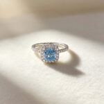 Halo setting cushion cut lab grown blue diamond engagement ring 2 Halo setting cushion cut lab grown blue diamond engagement ring