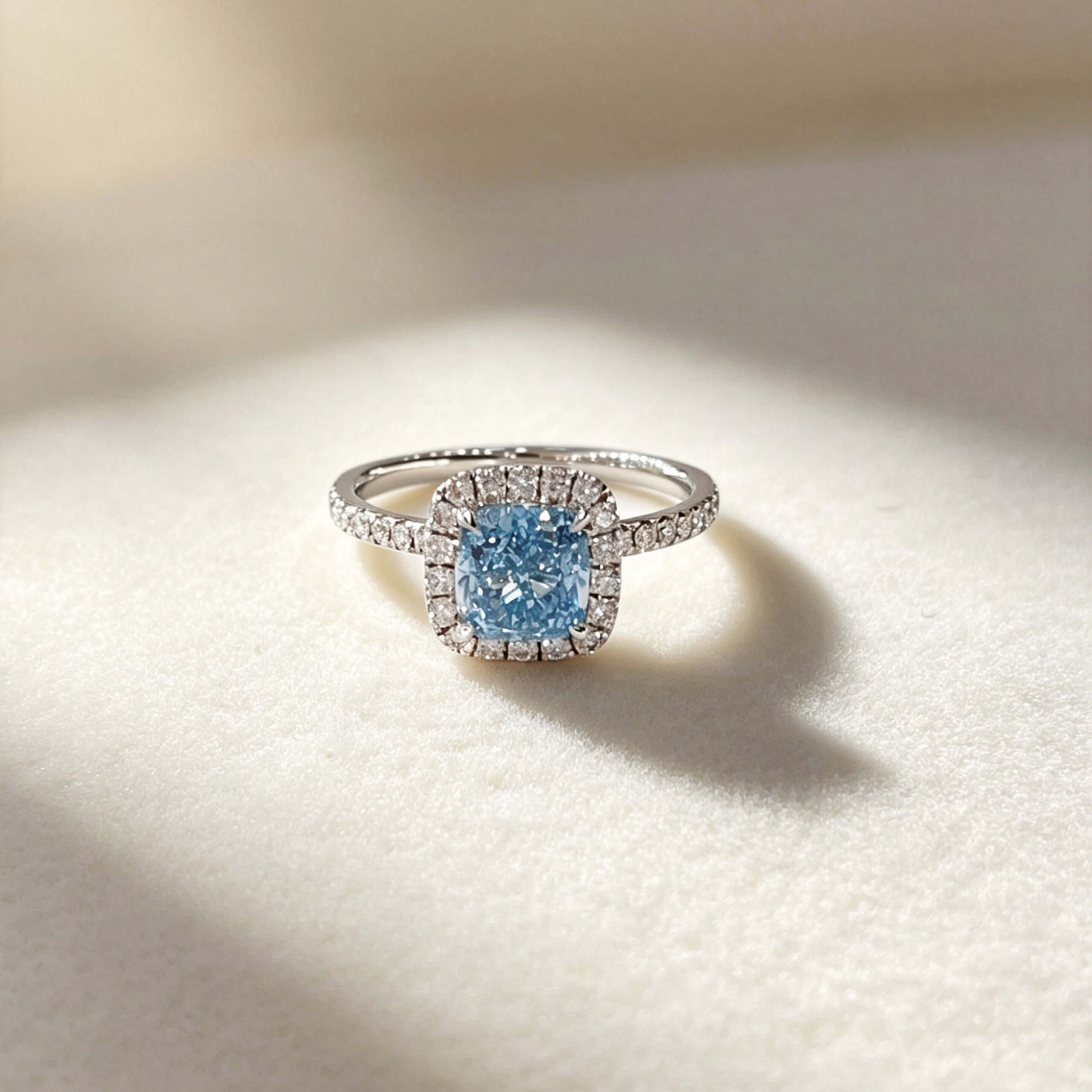 Halo setting cushion cut lab grown blue diamond engagement ring Halo setting cushion cut lab grown blue diamond engagement ring