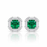 Halo setting asscher cut lab grown emerald earrings stud