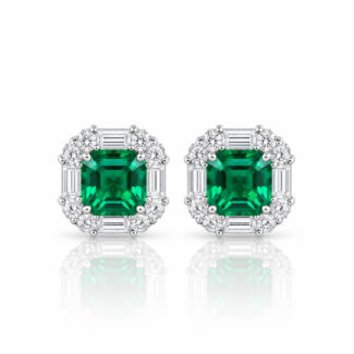 Halo setting asscher cut lab grown emerald earrings stud