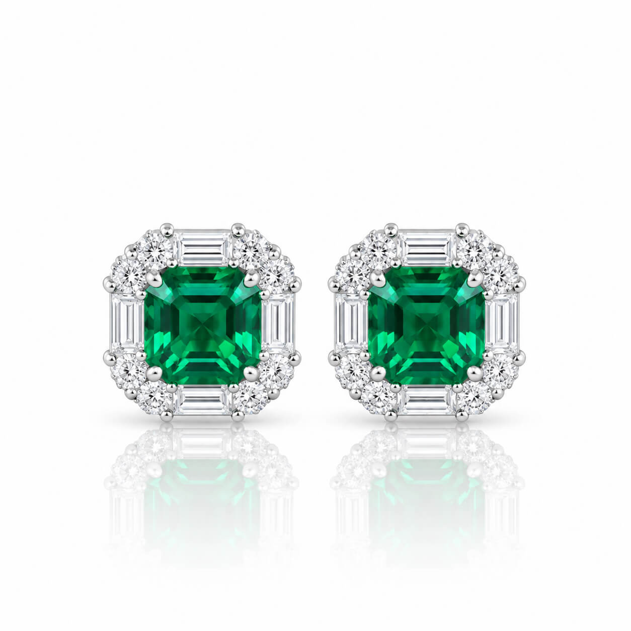Halo setting asscher cut lab grown emerald earrings stud
