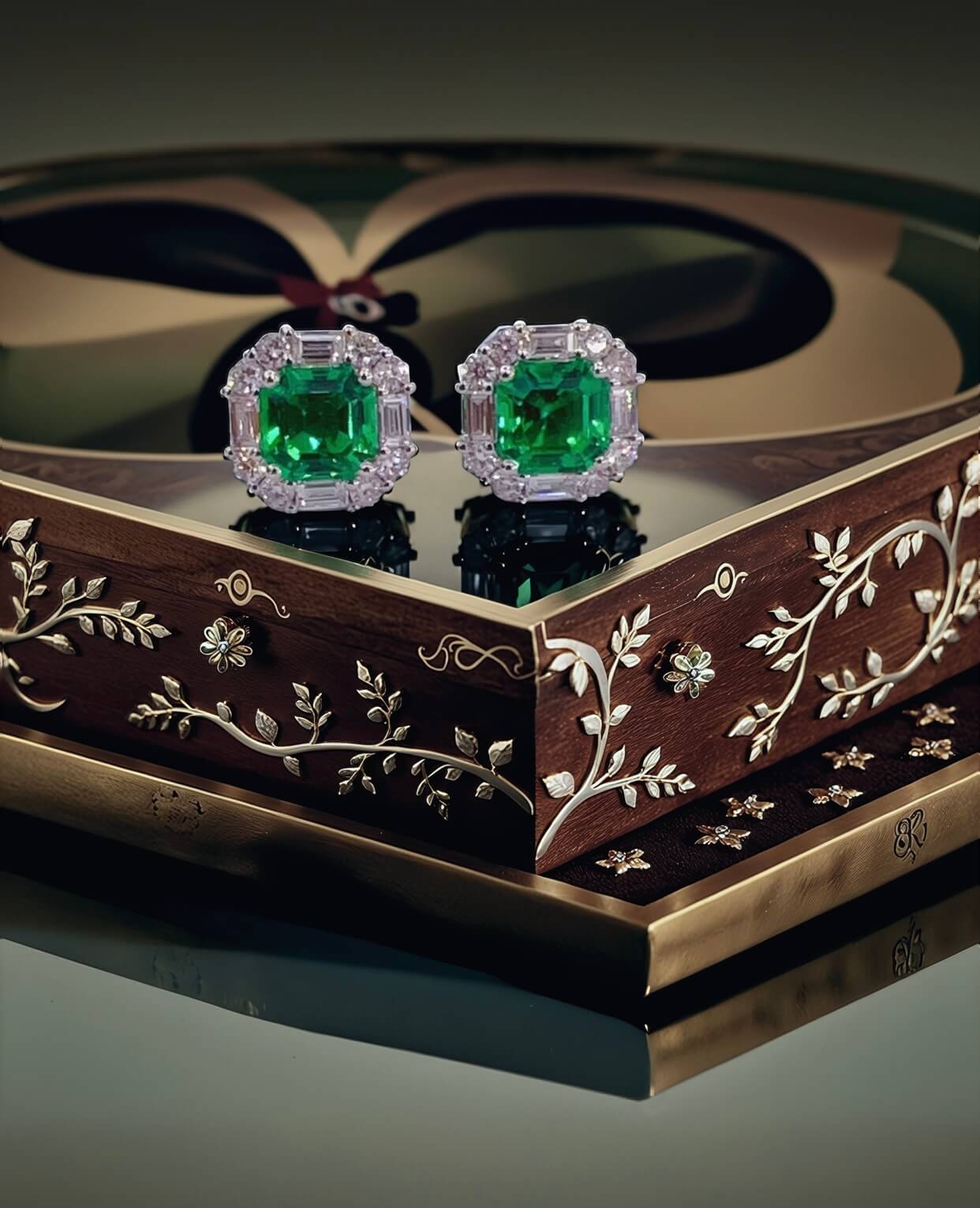 Halo setting asscher cut lab grown emerald earrings stud