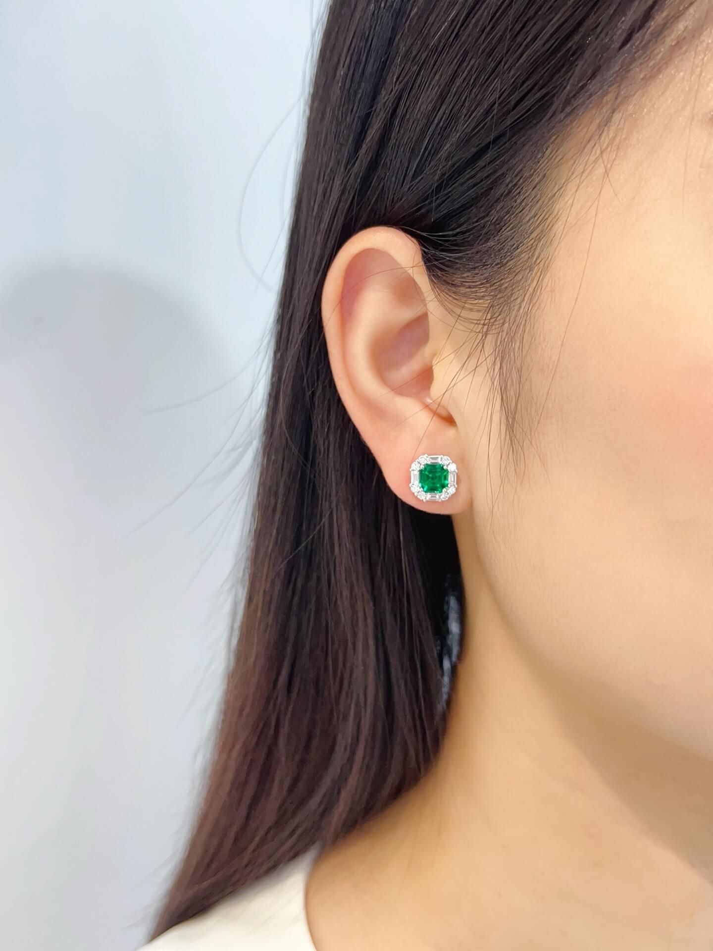 Halo setting asscher cut lab grown emerald earrings stud