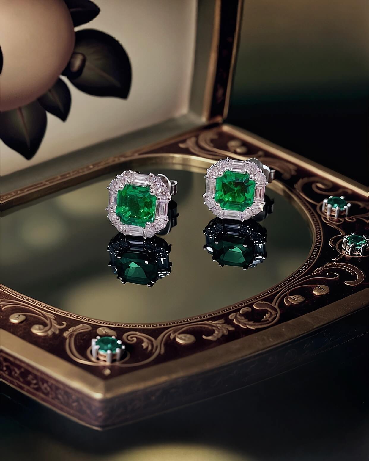 Halo setting asscher cut lab grown emerald earrings stud